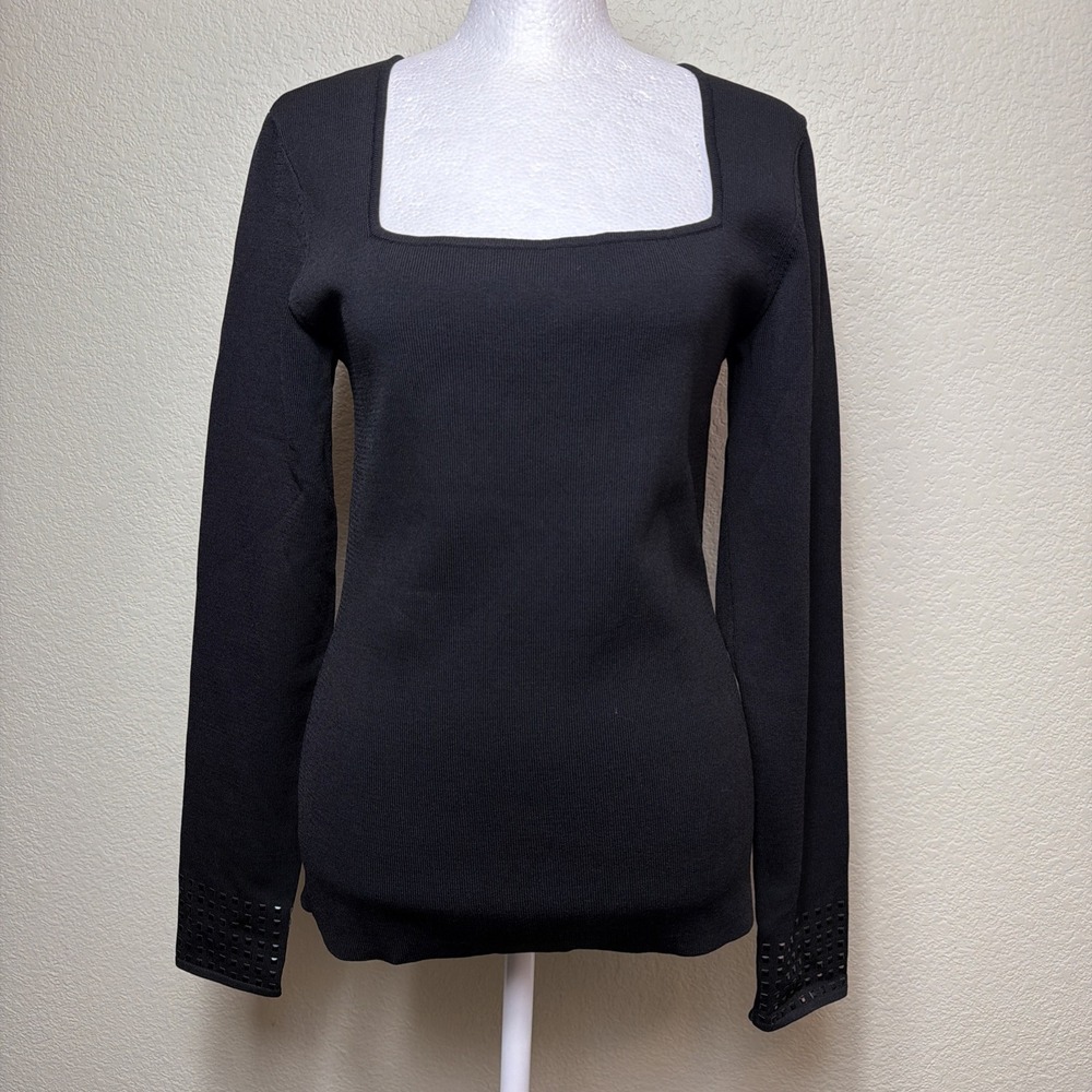 WHBM Black Sweater M Square Neck Embellished Cuff Studded Long Sleeve Pullover